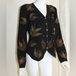 Peruvian Connection Alpaca Blend Embroidered Leaf Cardigan Sweater Size S